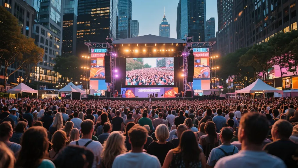 城市广场公共观赛区，大屏幕与灯光装置，人群层次丰富